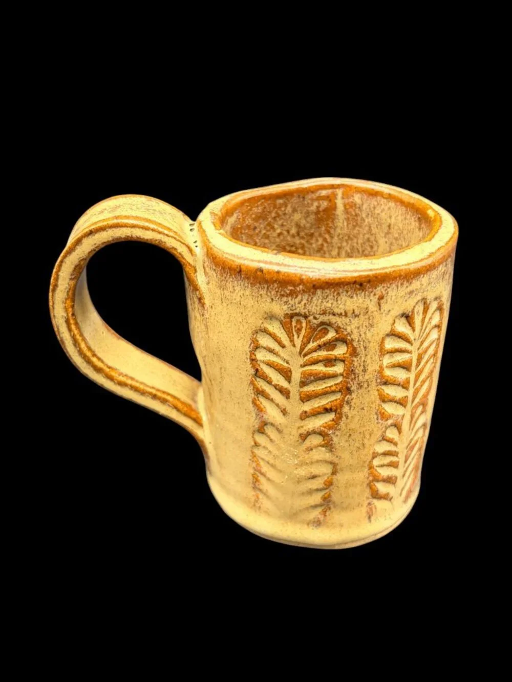 Vintage Studio Pottery Leaf Motif Ceramic Coffee Mug Signed Handmade Stoneware